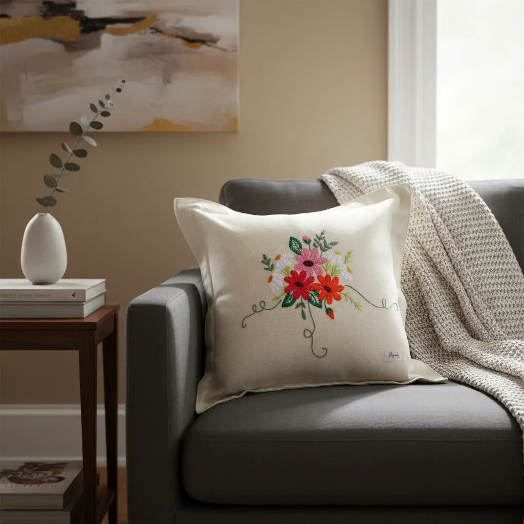 Funda Almohadón 40 X 40 Lino Viscosa Arena Bordado A Mano C/ Bordes y Cierre - Rugiada