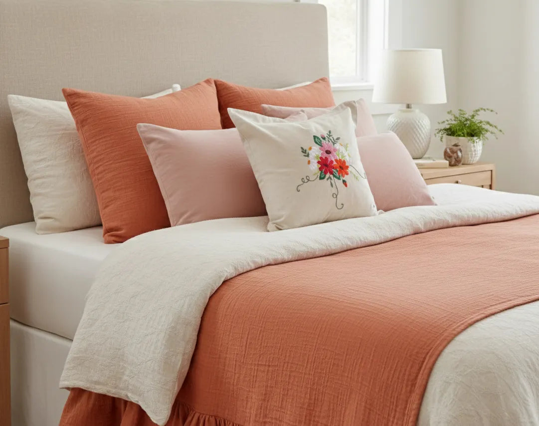 Funda Almohadón 40 X 40 Lino Viscosa Arena Bordado A Mano C/ Bordes y Cierre - Rugiada