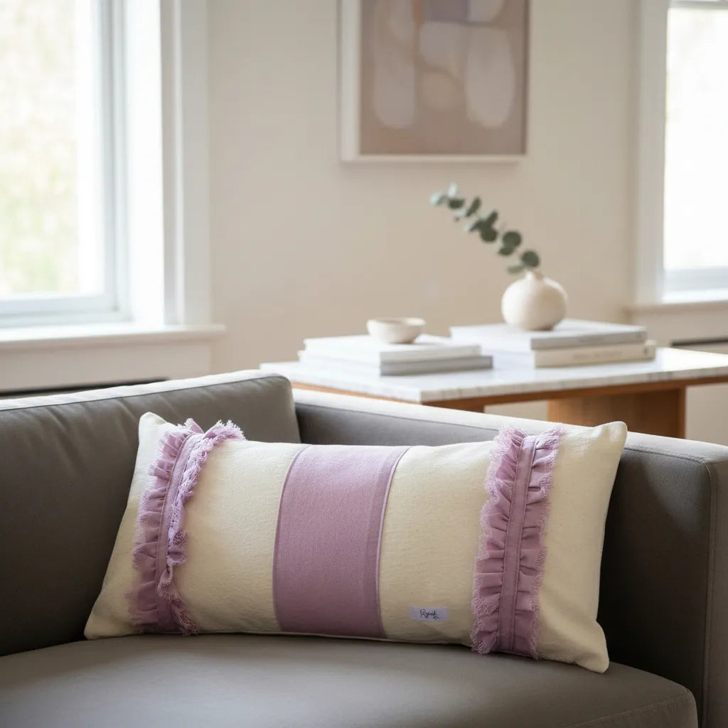 Funda Almohadón Boho 30x60 Lienzo Lino  / Volados Rosa Celeste - Rugiada