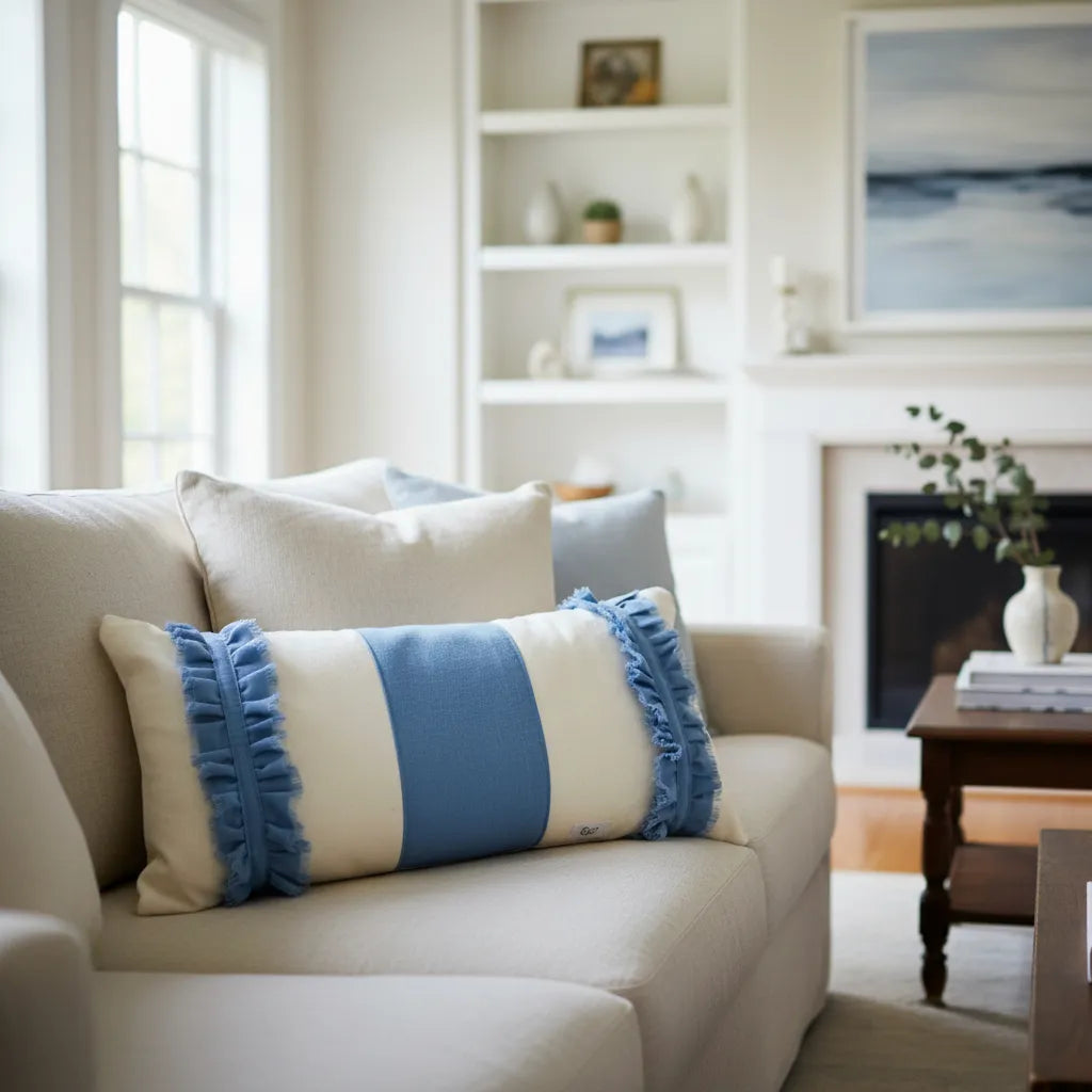 Funda Almohadón Boho 30x60 Lienzo Lino  / Volados Rosa Celeste - Rugiada