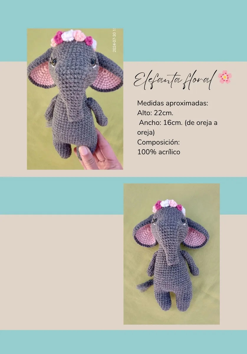 Elefante Tejido Crochet Con Flores Amigurumi Artesanal Gris Oscuro