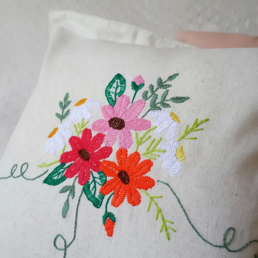 Funda Almohadón 40 X 40 Lino Viscosa Arena Bordado A Mano C/ Bordes y Cierre - Rugiada