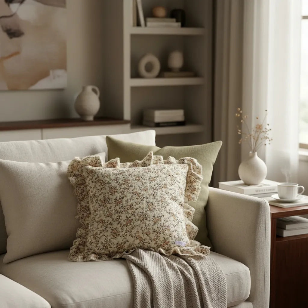 Funda De Almohadón 40x40cm En Algodón. Floral Con Cierre Beige