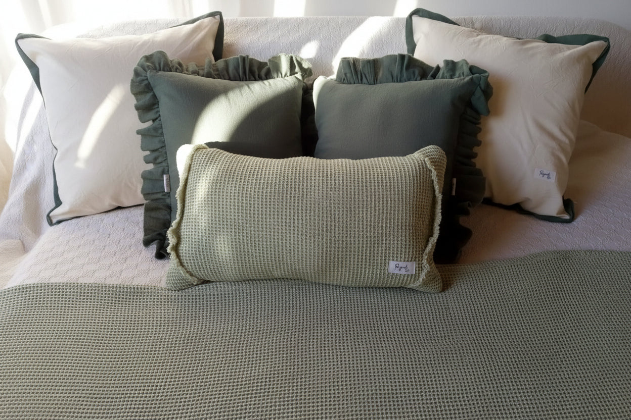 almohadon lienzo tusor verde nido verde malva rugiada textil