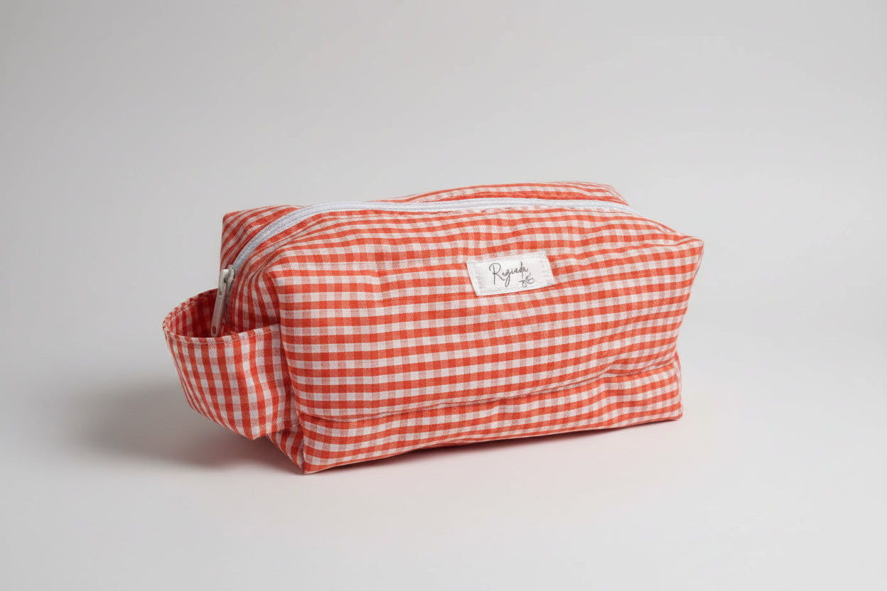 Neceser Necesaire Cartuchera De Tela Capitoneada Cuadros Vichy Azul / Rojo