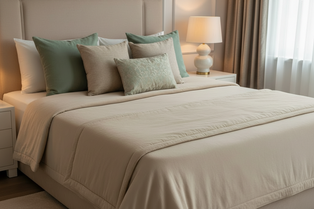Pie de cama beige con almohadones verde beige en tusor algodon