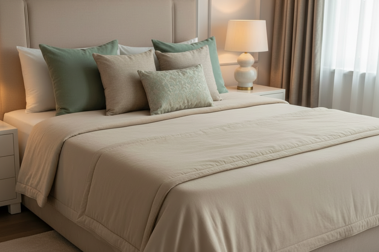 Pie de cama beige con almohadones verde beige en tusor algodon