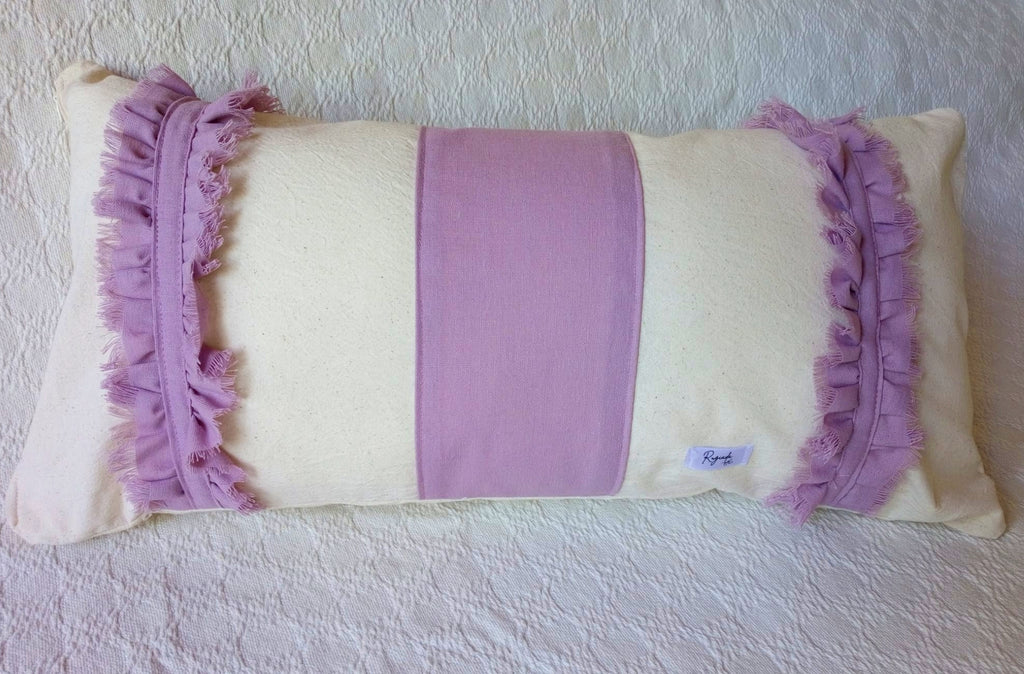 Funda Almohadón Boho 30x60 Lienzo Lino  / Volados Rosa Celeste - Rugiada