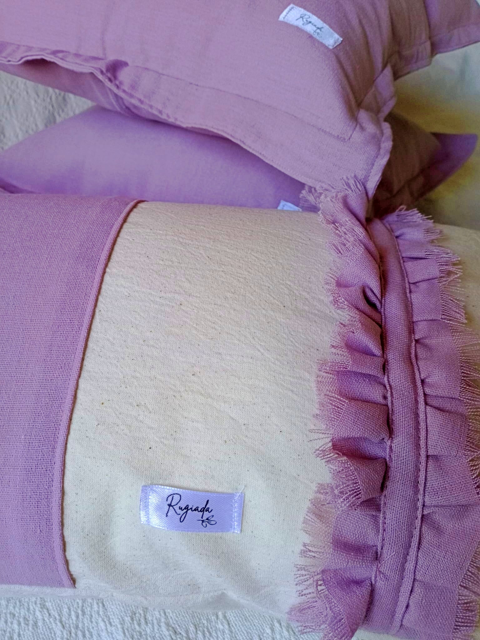 Funda Almohadón Boho 30x60 Lienzo Lino  / Volados Rosa Celeste - Rugiada