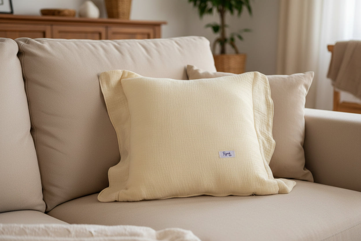 Funda De Almohadón 40x40 Algodón color Crema con Volados + Relleno