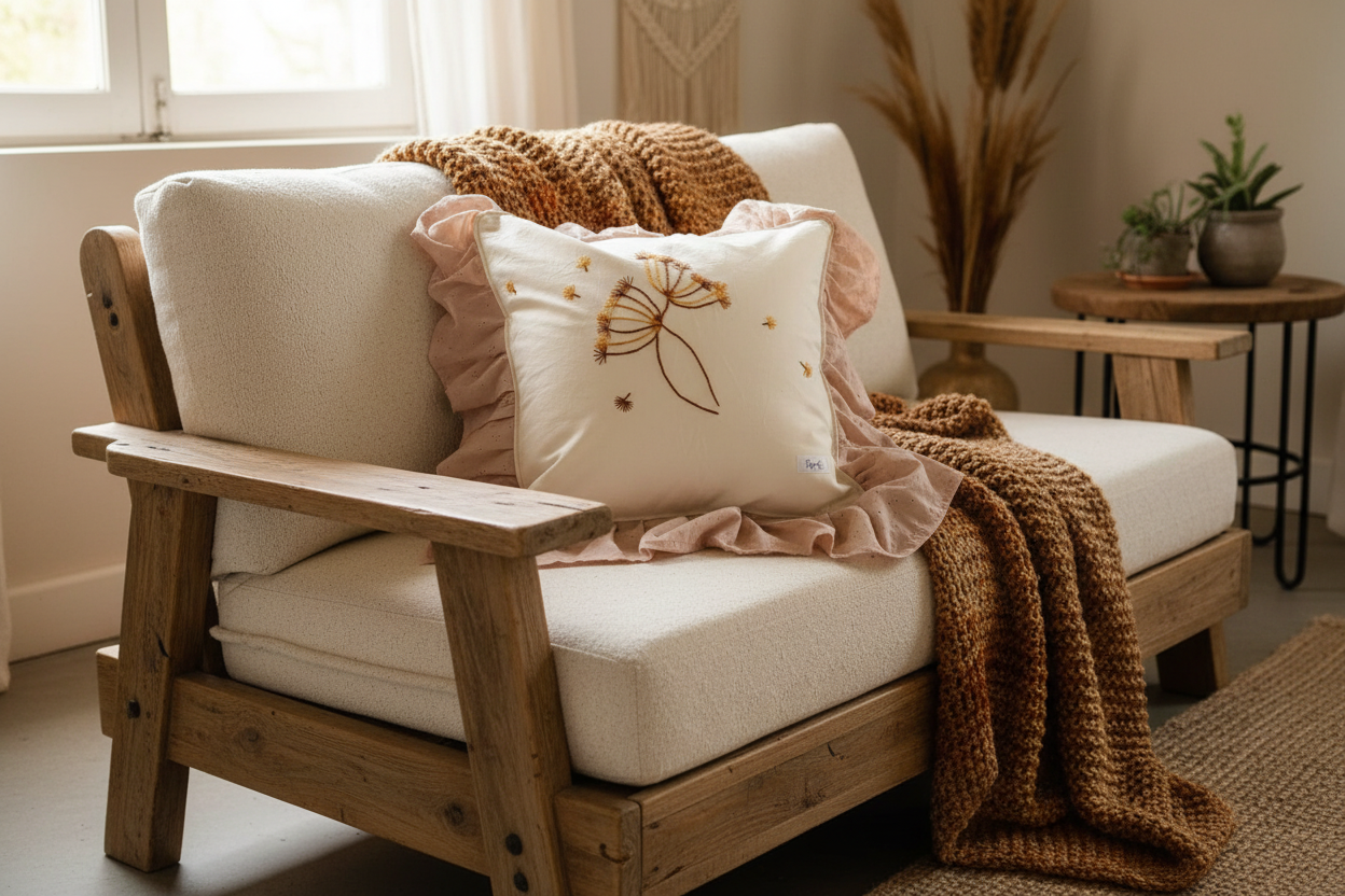 Almohadon bordad con volados beige broderie en sofa rustico