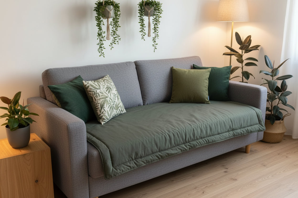 pillow verde con almohadones sobre un sofa
