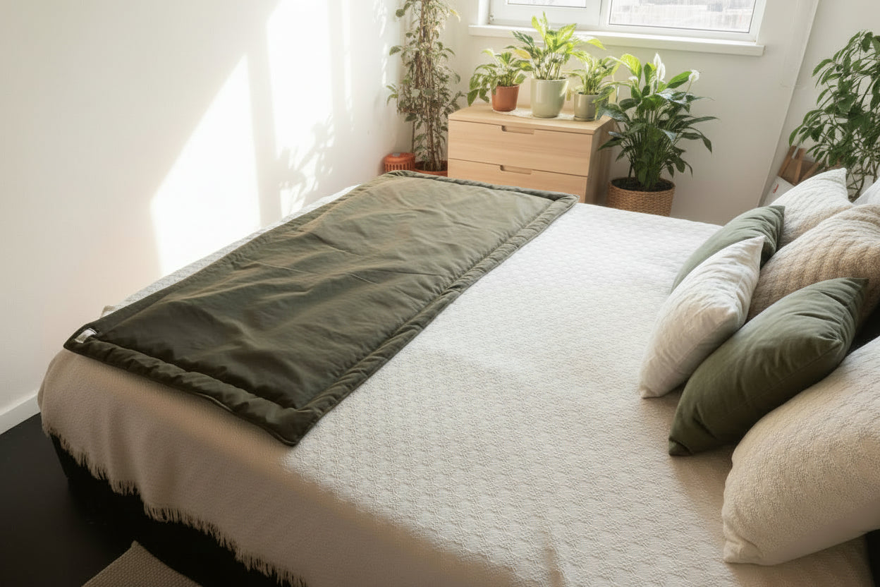 pie de cama verde en el dormitorio y cama con almohadones verde y beige