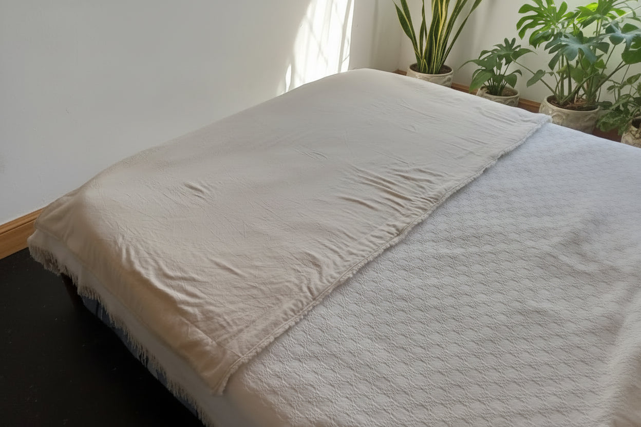 Cama con pie de cama throw manta de sherpa y tusor beige Rugiada