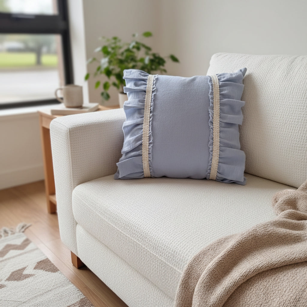 almohadon tusor celeste volados rugiada deco living