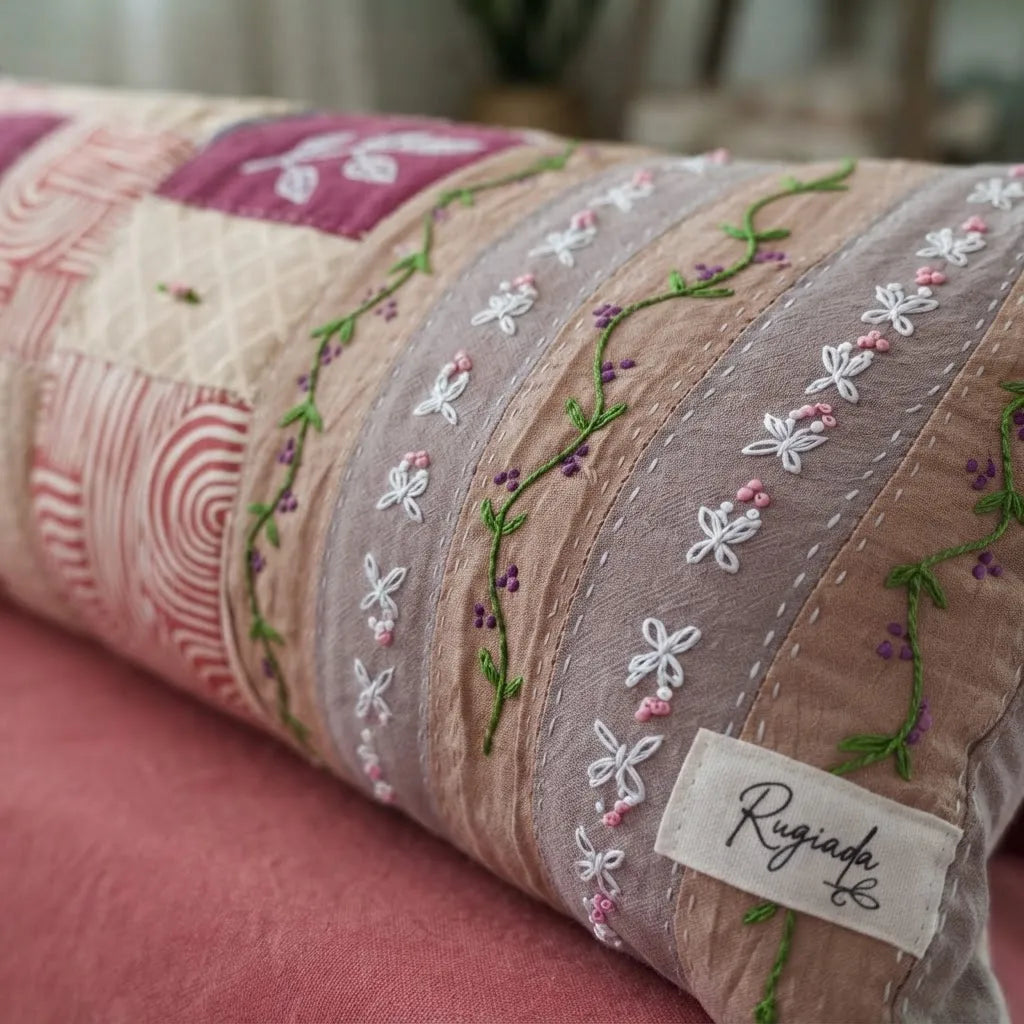 Funda Almohadón Patchwork Bordada A Mano + Relleno! 67 Cm