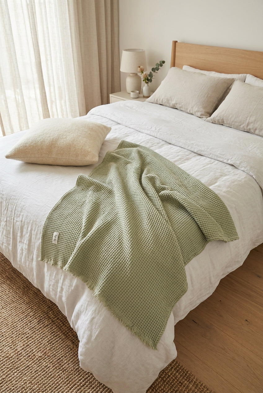 Pack Textil Manta Pie de Cama + Almohadón Verde - Rugiada